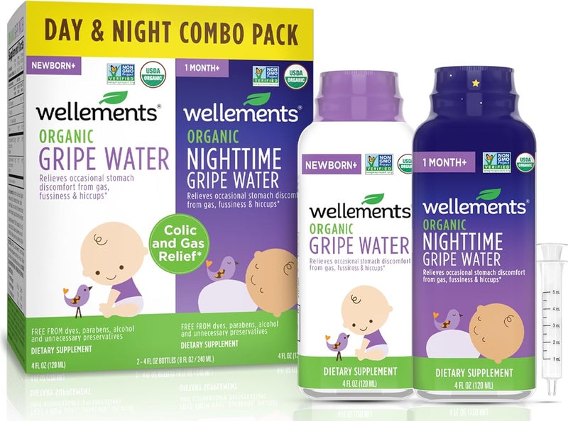 Wellements Organic Gripe Water for Babies Day & Night Combo Pack (4 Fl Oz) - Infant Gripe Water Newborn Calms Occasional Stomach Discomfort from Baby Gas, Colic, Hiccups & Fussiness - USDA Certified - Image 1